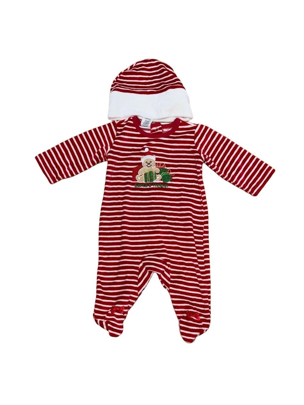 Cozy Striped Red and White Footie Set with Bear Design. Christmas Holiday